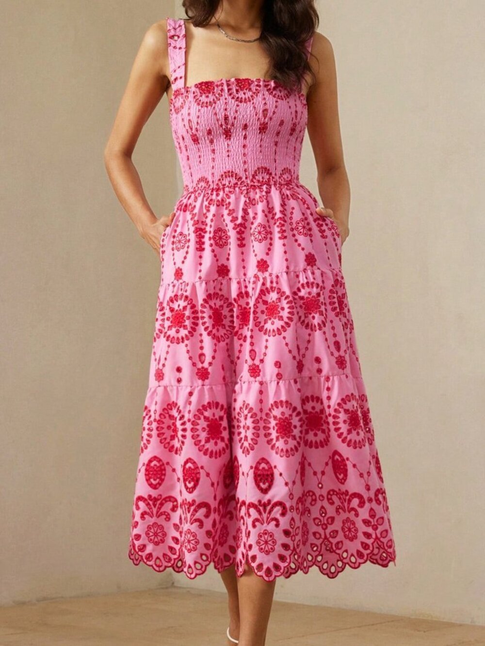 Pink Boho Elegant Women's Hollow-Out Embroidered Sleeveless Maxi Dress - Picture 4 of 7